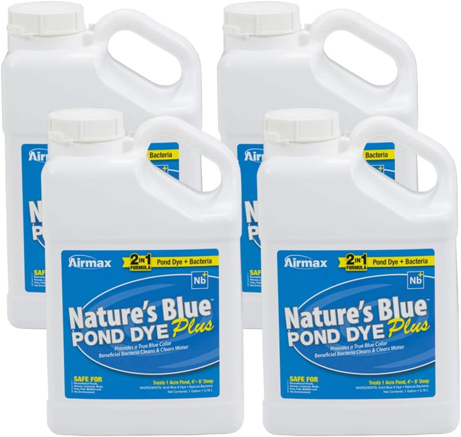 Airmax Pond Dye Plus, Nature's Blue Pond & Lake Water Colorant, 1 Gallon | Natural beneficial bacteria clarifier shades plants and algae from sunlight; fish and livestock safe