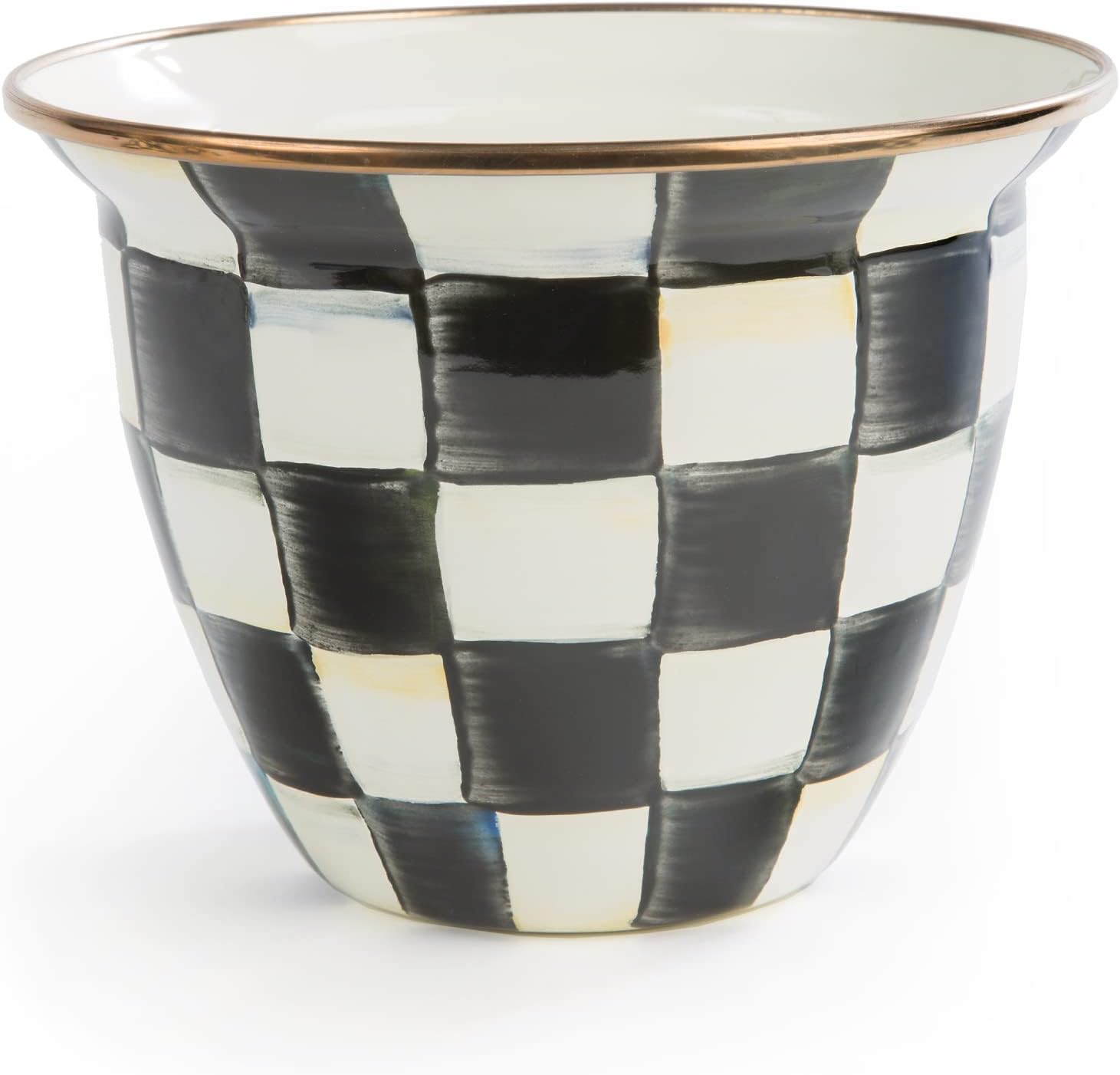 MACKENZIE-CHILDS Enamel Flowerpot, Black-and-White Courtly Check | Hand-painted design, made from enameled steel, decorative garden pot for flowers