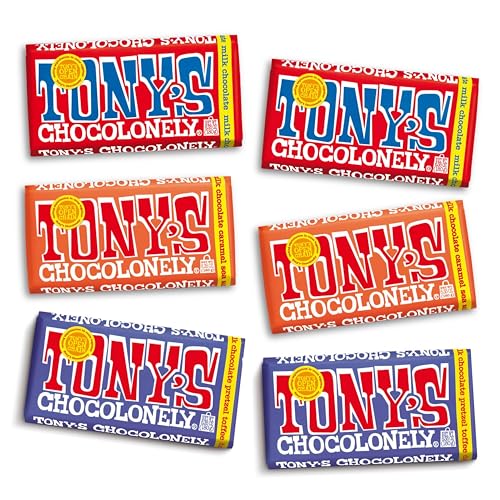 Tony’s Chocolonely Super Duper Milk Chocolate Candy Bar Bundle, Milk & White Chocolate With Sea Salt, Caramel, Pretzel Toffee, Almond, Hazelnut, Made From Quality Fairtrade Cocoa, 6 Bars, 6.35 Oz Each