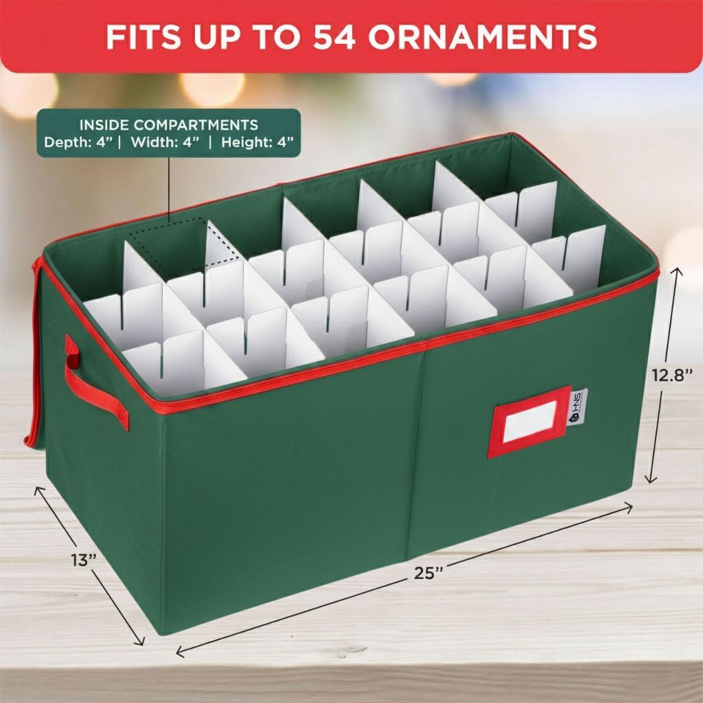 Christmas Ornament Storage Container with Dividers - Box Stores Up to 54 Ornaments, Zippered, Convenient, Adjustable