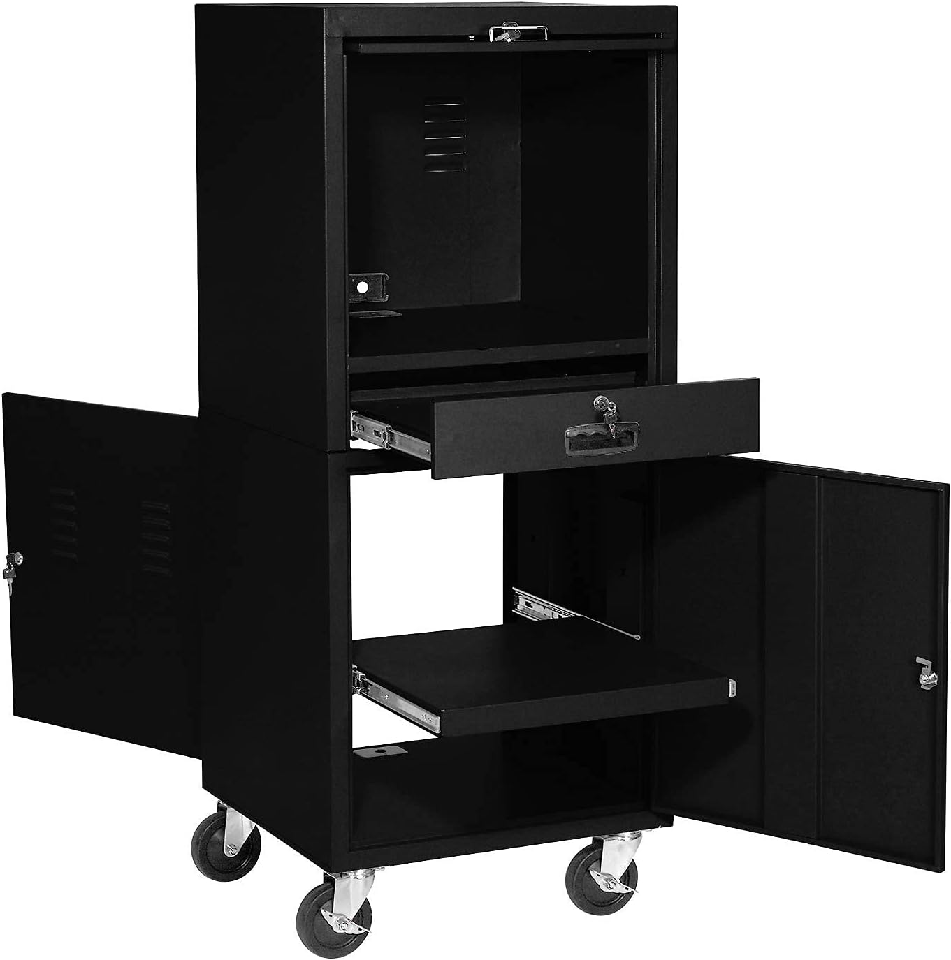Global Industrial Mobile Security Computer Cabinet, Black, Unassembled | For 21" Diagonal Monitors, Steel Construction, 24-1/2"W x 22-1/2"D x 60-3/8"H
