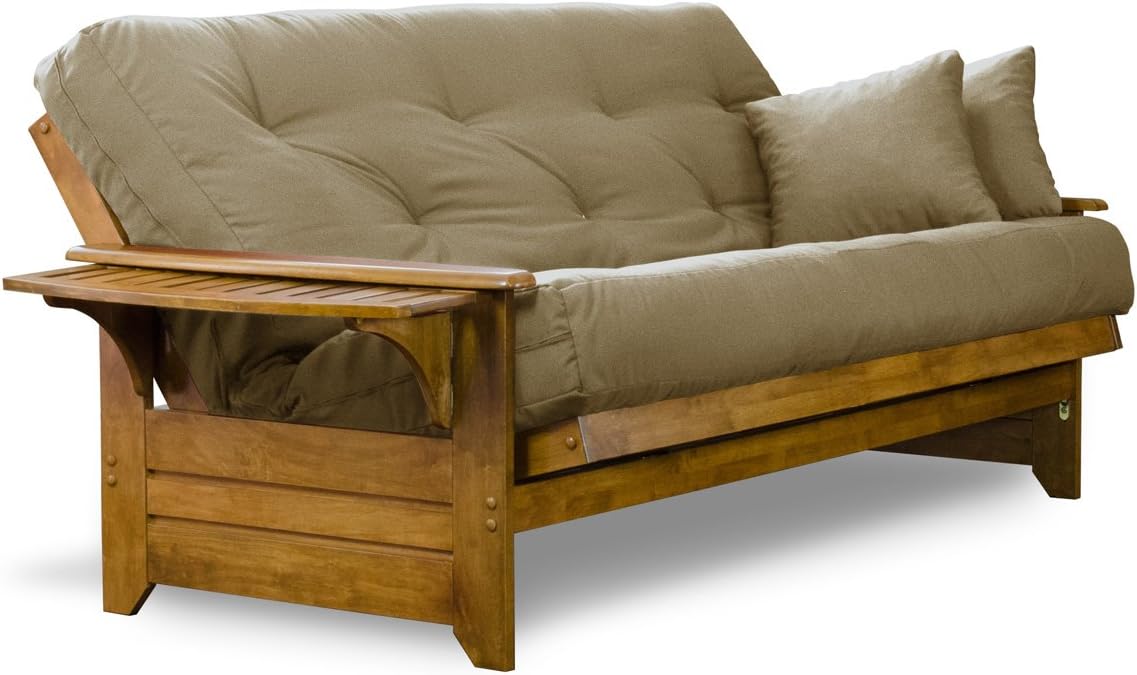 Brentwood Tray Arm Futon Sofabed Set - Queen Frame, 8" Microfiber Fudge Mattress, Heritage Finish