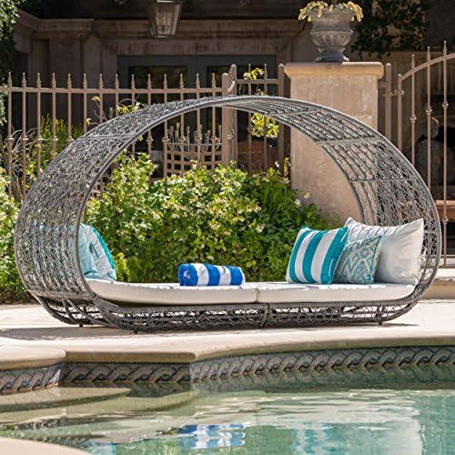 GDFStudio Outdoor Wicker Overhead Canopy Daybed Water Resistant Cushion (Grey/White)