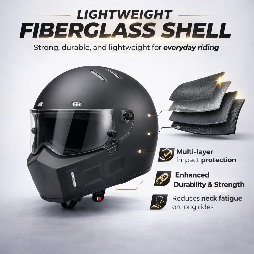 CRG Sports Retro Full Face Motorcycle Helmet, DOT Approved Fiberglass Street Bike Helmet with Clear Visor, Lightweight Cafe Racer Cruiser Motorcycle Helmet