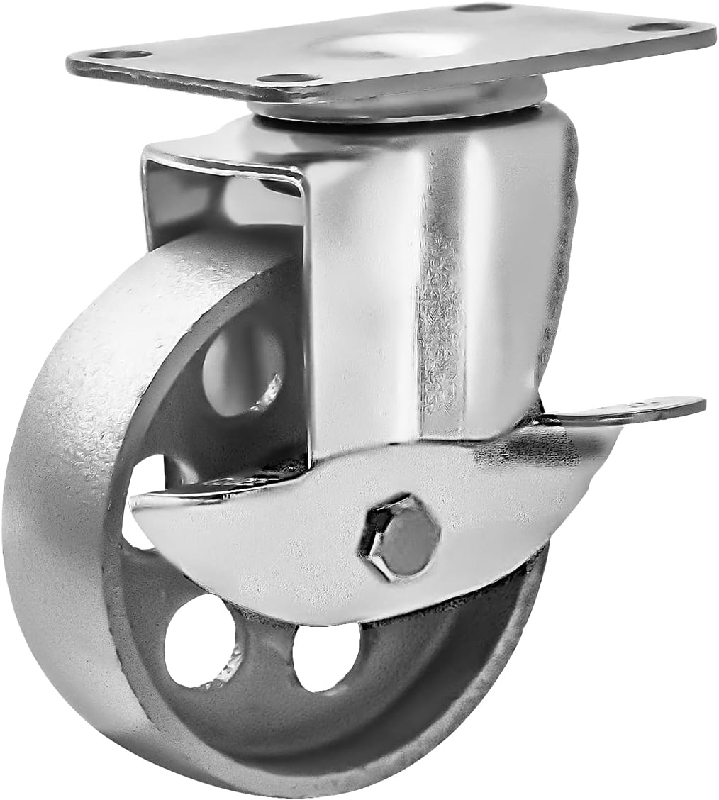 4 All Steel Swivel Plate Caster Wheels w Brake Lock Heavy Duty High-Gauge Steel Gray (3" Combo)