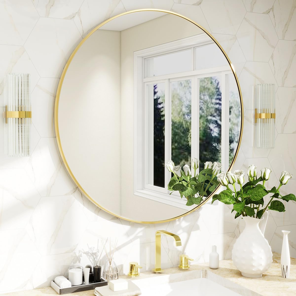 BEAUTYPEAK 24 Inch Round Mirror, Metal Frame Circle Mirror, White