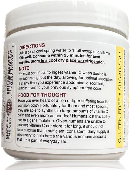 Sufficient-C High Dose Non-GMO Vitamin C Lemon Peach Immune-Ade Drink Mix, Convenient 125 Gram Size w/L-lysine