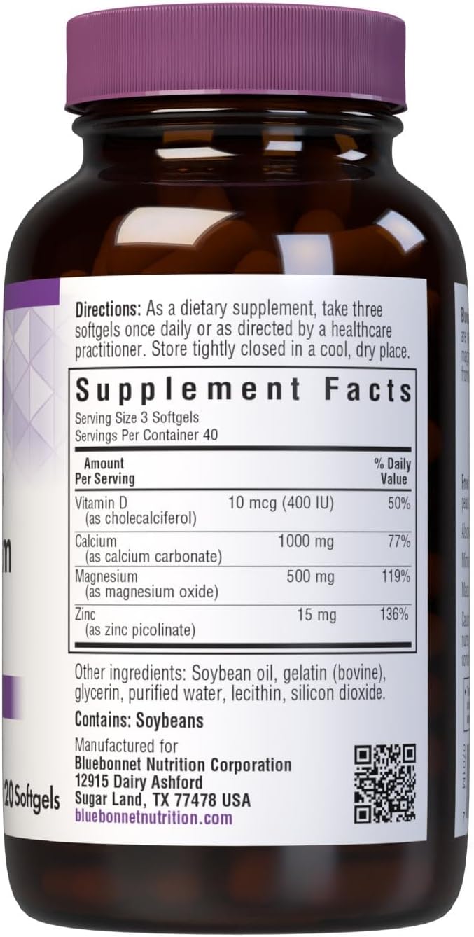Bluebonnet Nutrition Calcium Magnesium Zinc Plus Vitamin D3, 1000 mg of Calcium, 500 mg of Magnesium and 15 mg of Zinc, 400IU Vitamin D3, For Strong Healthy Bones*, Gluten-Free, Dairy-Fee, 120 softgel | Third-party tested for purity and potency; manufact…