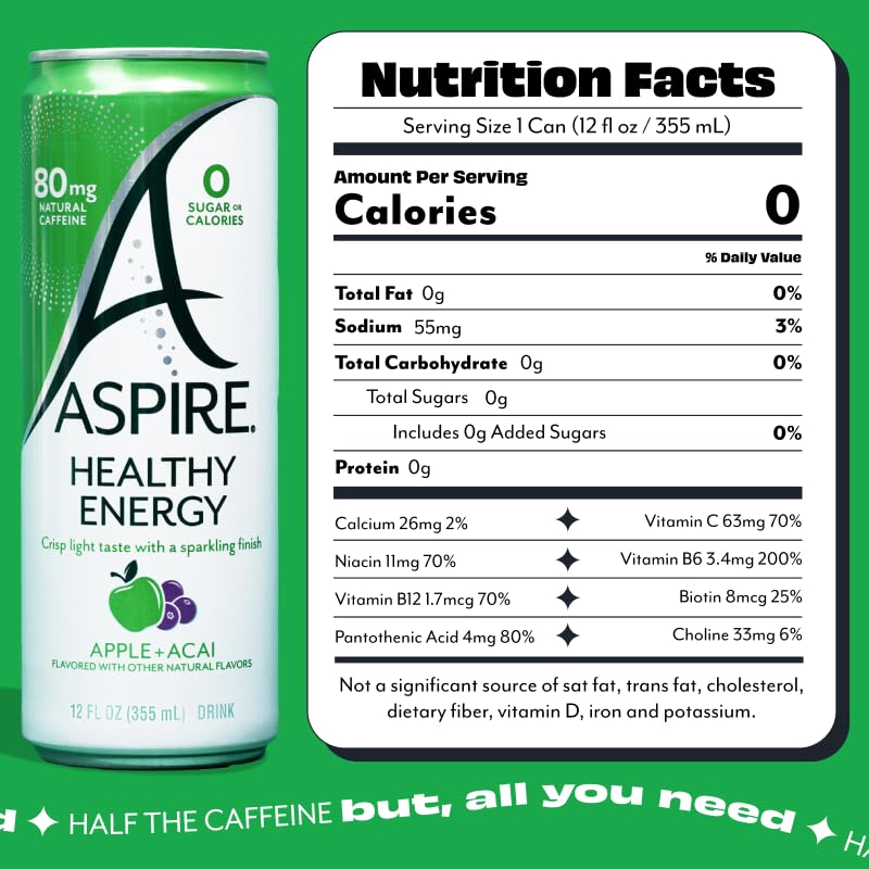 ASPIRE® Raspberry Acai, Healthy Energy Drink 80mg Natural Caffeine, Zero Sugar No Carbs Keto Friendly, 12 Pack Green Tea Sugar Free Drink Low Caffeine Zero Calorie