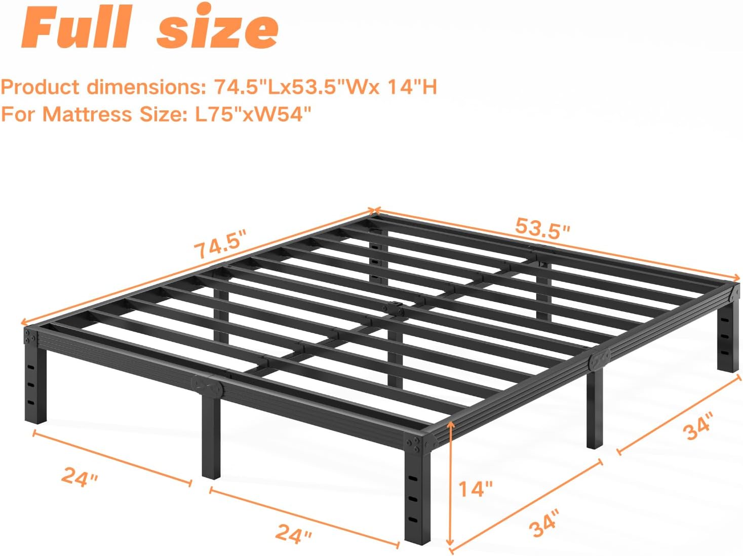 Heavy Duty Platform 14 Inch Full Bed Frame with Storage, Black