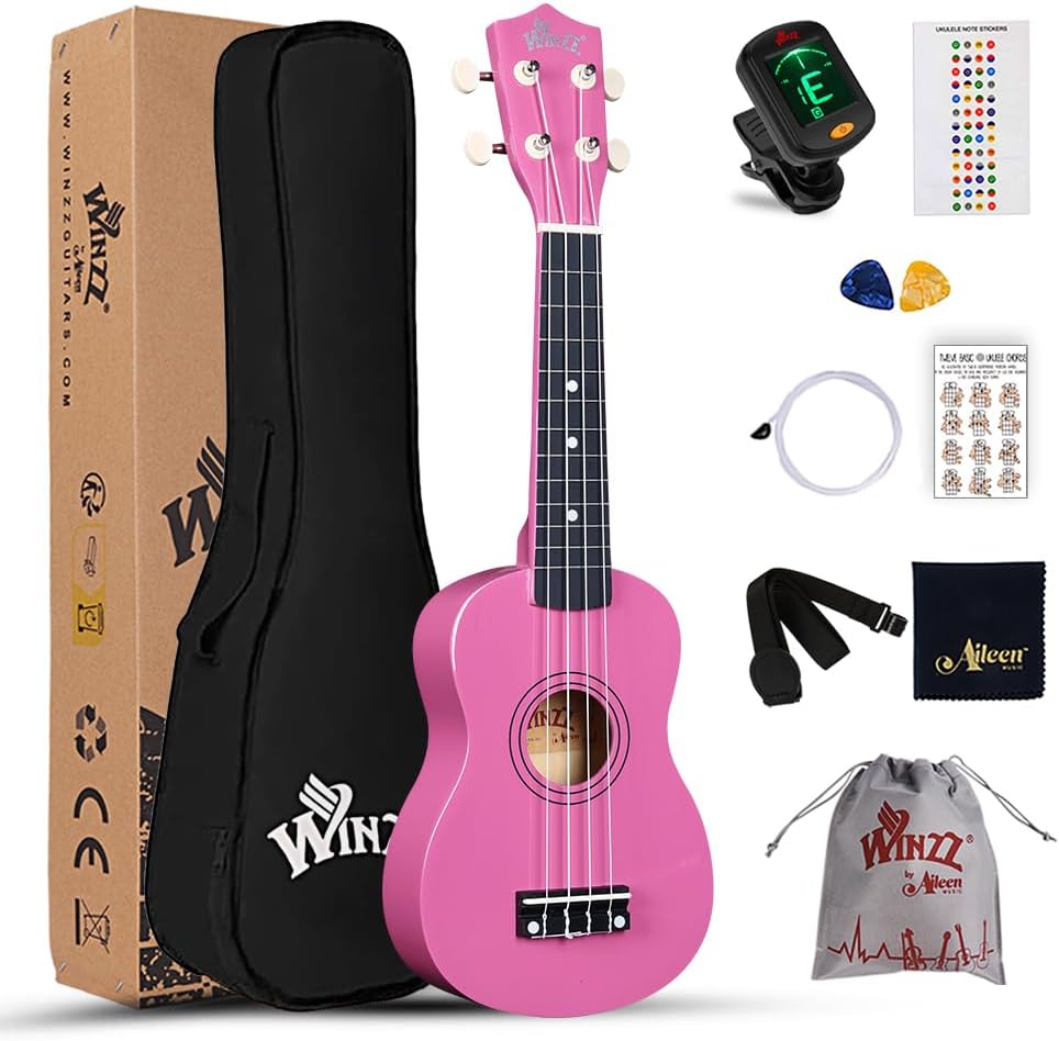 Winzz Soprano Ukulele Starter Kit For Beginners with Bag, Clip-On Tuner, Extra Strings, Strap, Plectrum, Fret Stickers, Chords Card, Polishing Cloth, Black