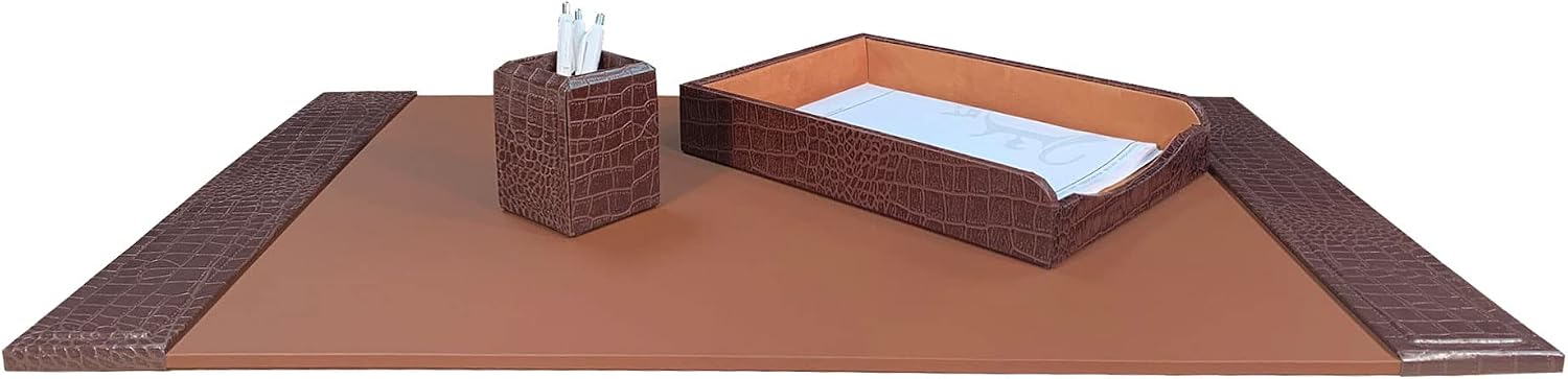 Dacasso Brown Crocodile Embossed Leather Desk Set, 3-Piece
