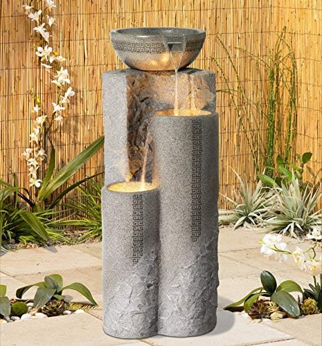 Outdoor Large Bowl and Pillar 34 1/2" High Modern Fountain with LED Lights | Zen Decor Faux Stone Floor Standing Waterfall Tiered Water Feature for