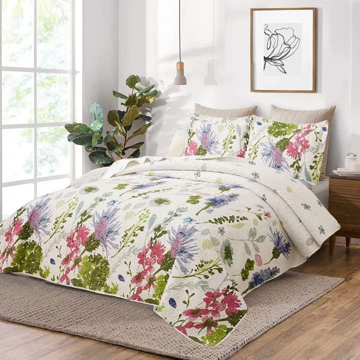 Ycosy Floral Quilt Set Full/Queen Size Reversible Flower Bedspread Queen Summer Lightweight Quilt Bedding Purple Floral Quilts Green Leaves Coverlet