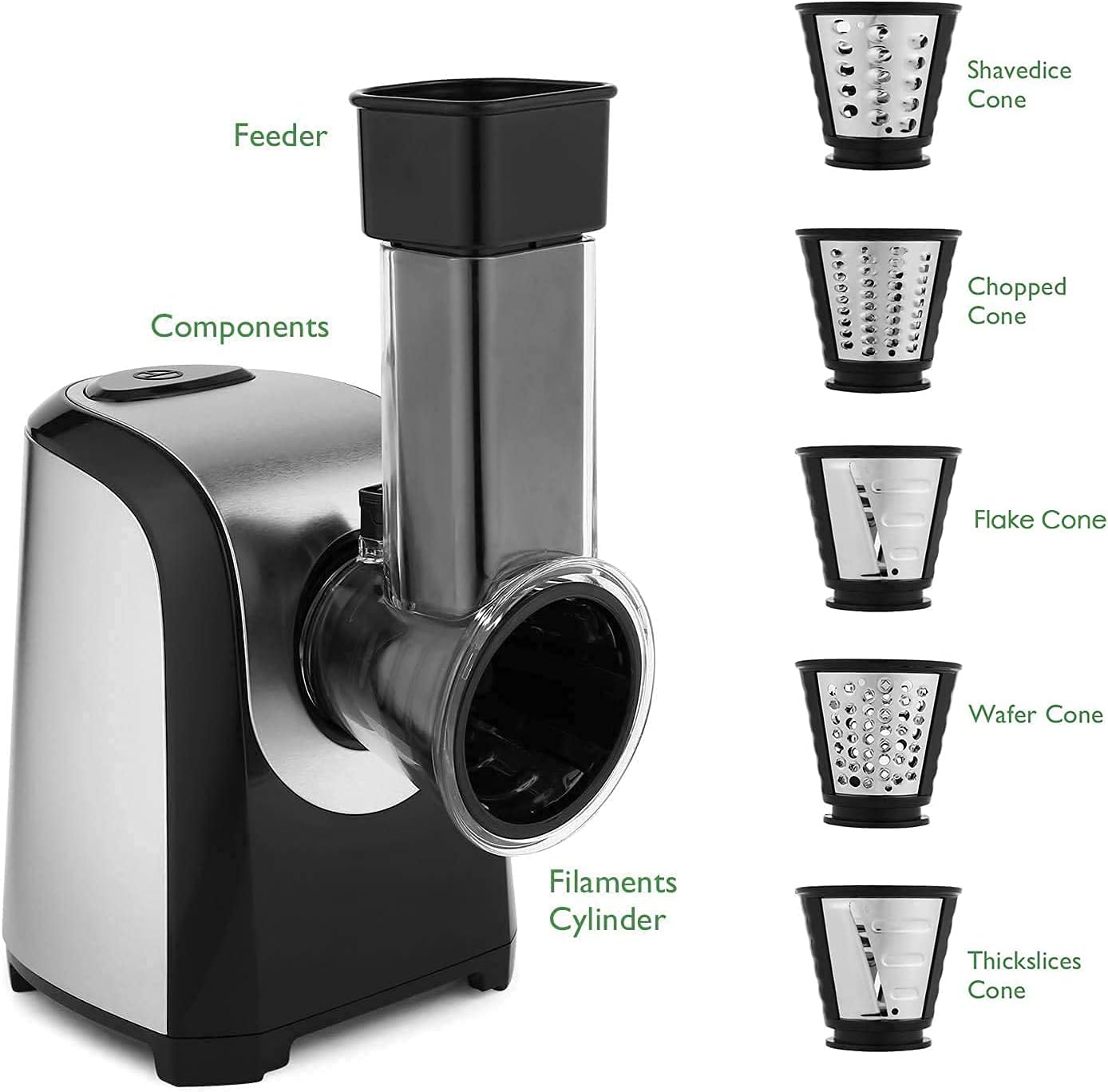 Electric Cheese Grater and Slicer Shredder for Kitchen, 150W 5 Cones | Salad Maker Grates slices shreds cheese vegetables fruits nuts