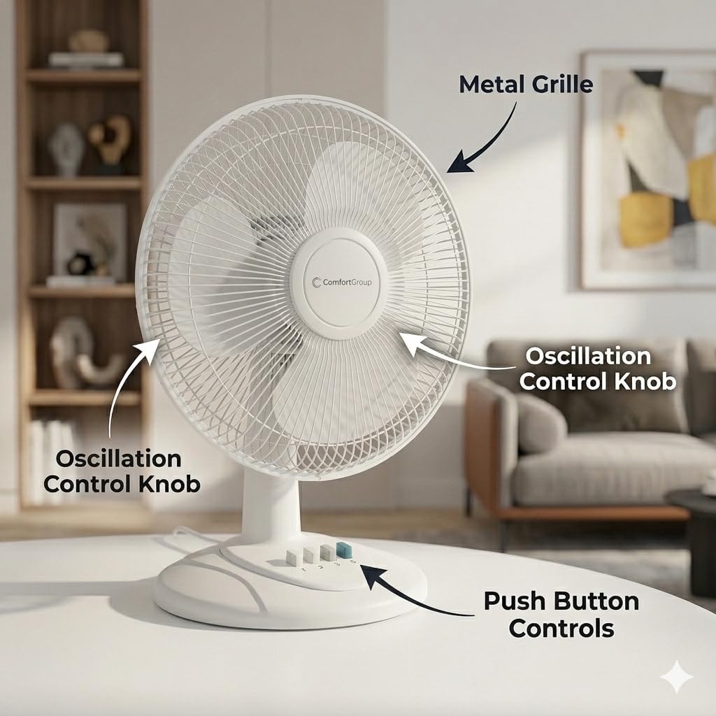 Comfort Zone 12 inch Table Fan with Adjustable Tilt, Wide Area Oscillation, Quiet Air Circulator Fan For Bedroom, 3 Speed Desktop Fan for Home Office, Push Button Controls, White