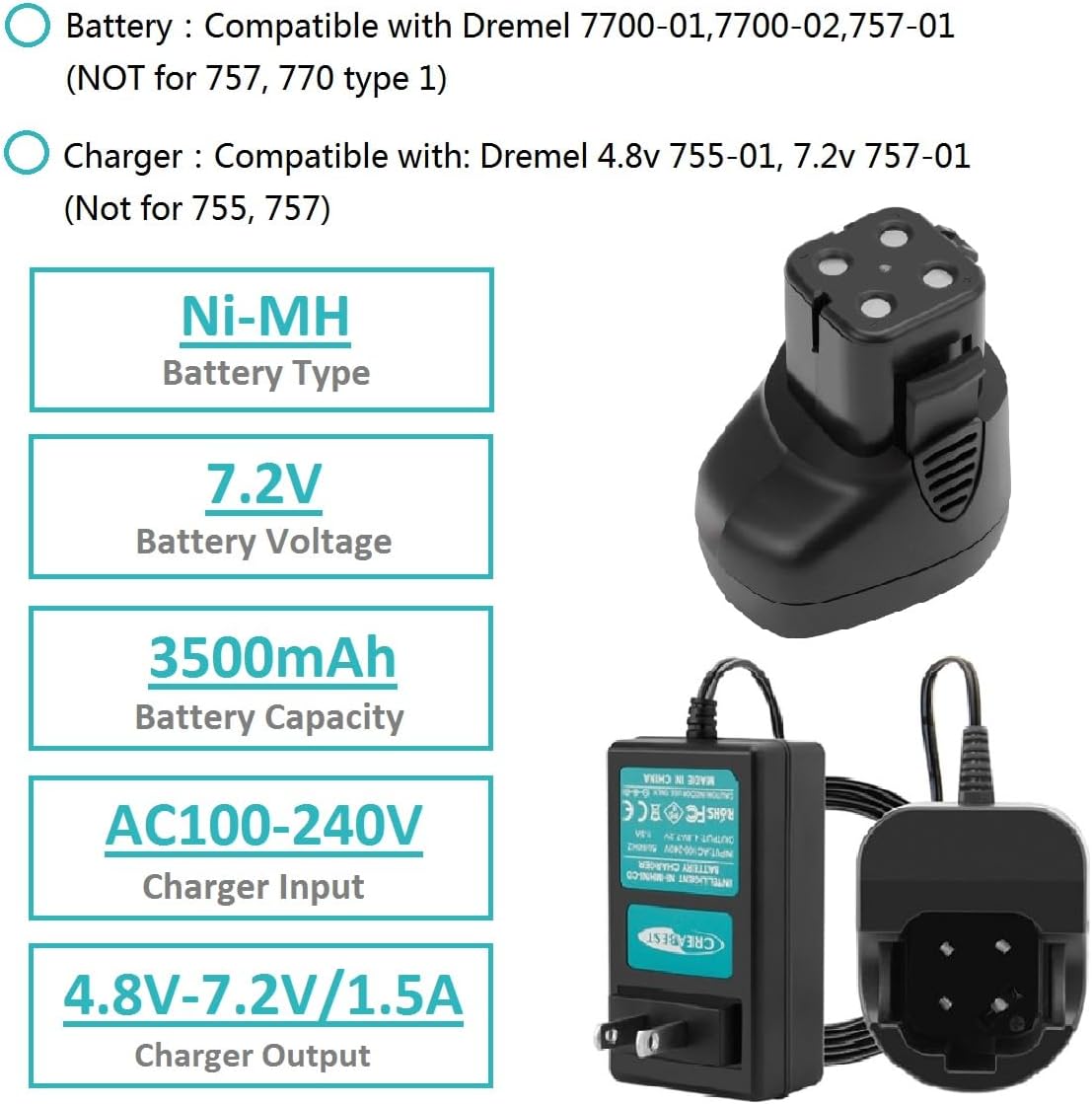 CREABEST 2Packs 7.2V 3.5Ah Ni-MH Replacement Battery fits Dremel 757-01