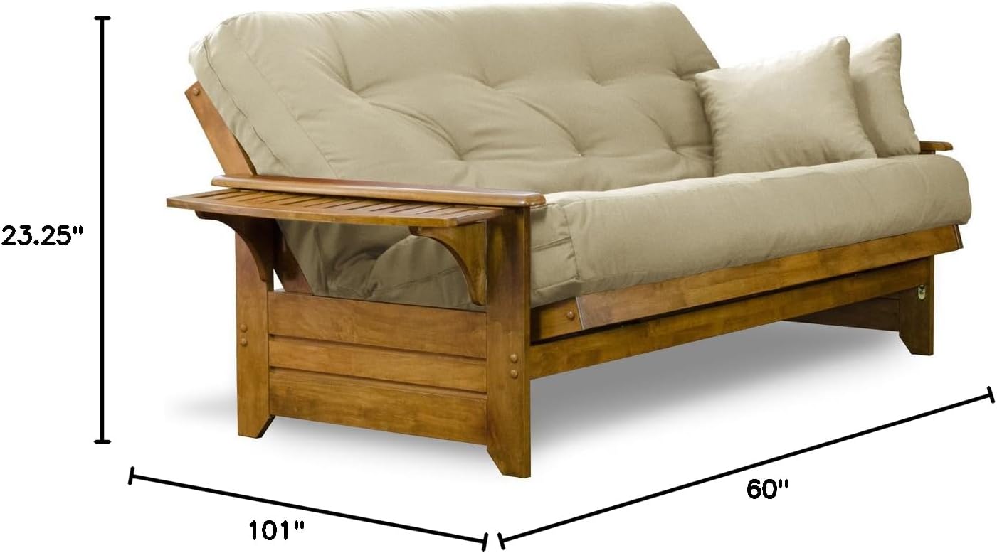 Brentwood Tray Arm Futon Sofabed Set - Queen Frame, 8" Microfiber Fudge Mattress, Heritage Finish