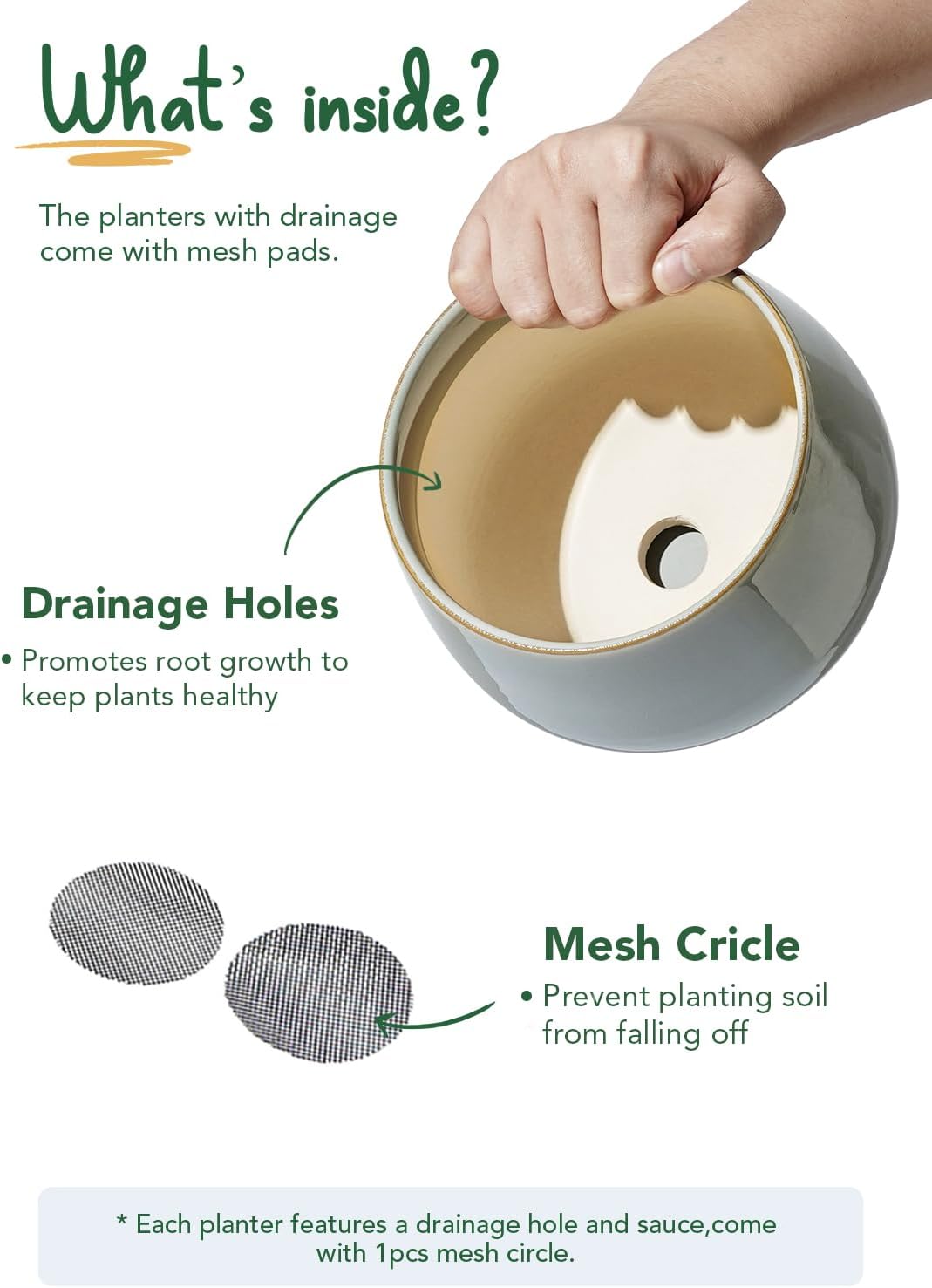 LE TAUCI Plant Pots, 4.1+5.1+6.5 inch, Set of 3, Ceramic Planters with Drainage Hole and Saucer, Indoor Flower Pot with Hole Mesh Pad, Gifts for Mom