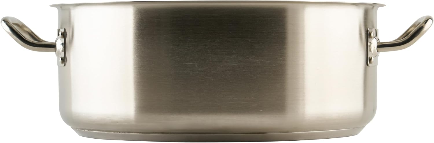 Winco 15 qt Stainless Steel Brazier Pan with Lid | Flat bottom, Wide base, Riveted handles, Induction safe, Great for Braising, Simmering, Batch Cooking and Restaurant Kitchens