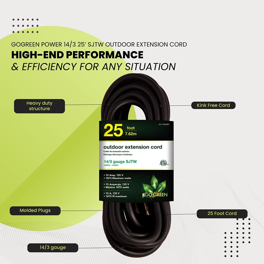 Go Green Power Inc. (GG-14025) 12/3 SJTW Outdoor Extension Cord, Lighted End, 25 ft
