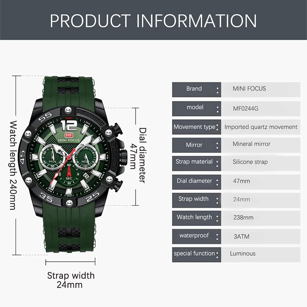 MF MINI FOCUS Men Watch, Chronograph Waterproof Sport Analog Quartz Watches Blue Silicon Strap Fashion Wristwatch for Men