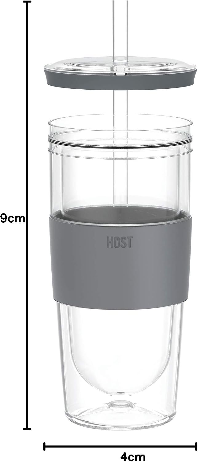 HOST Double Wall Insulated Freezable Drink Chilling Tumbler with Freezing Gel Glasses for Red and White Wine, Straw and Lid, Plastic, 16 oz, Grey