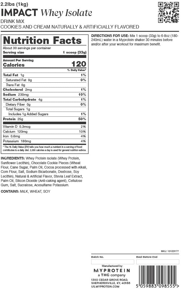 Myprotein Impact Whey Protein Isolate, 2.2 Lbs (30 Servings) Chocolate Brownie, 25g Protein & 6g BCAA Per Serving, Gluten-Free Shake for Muscle Strength & Recovery