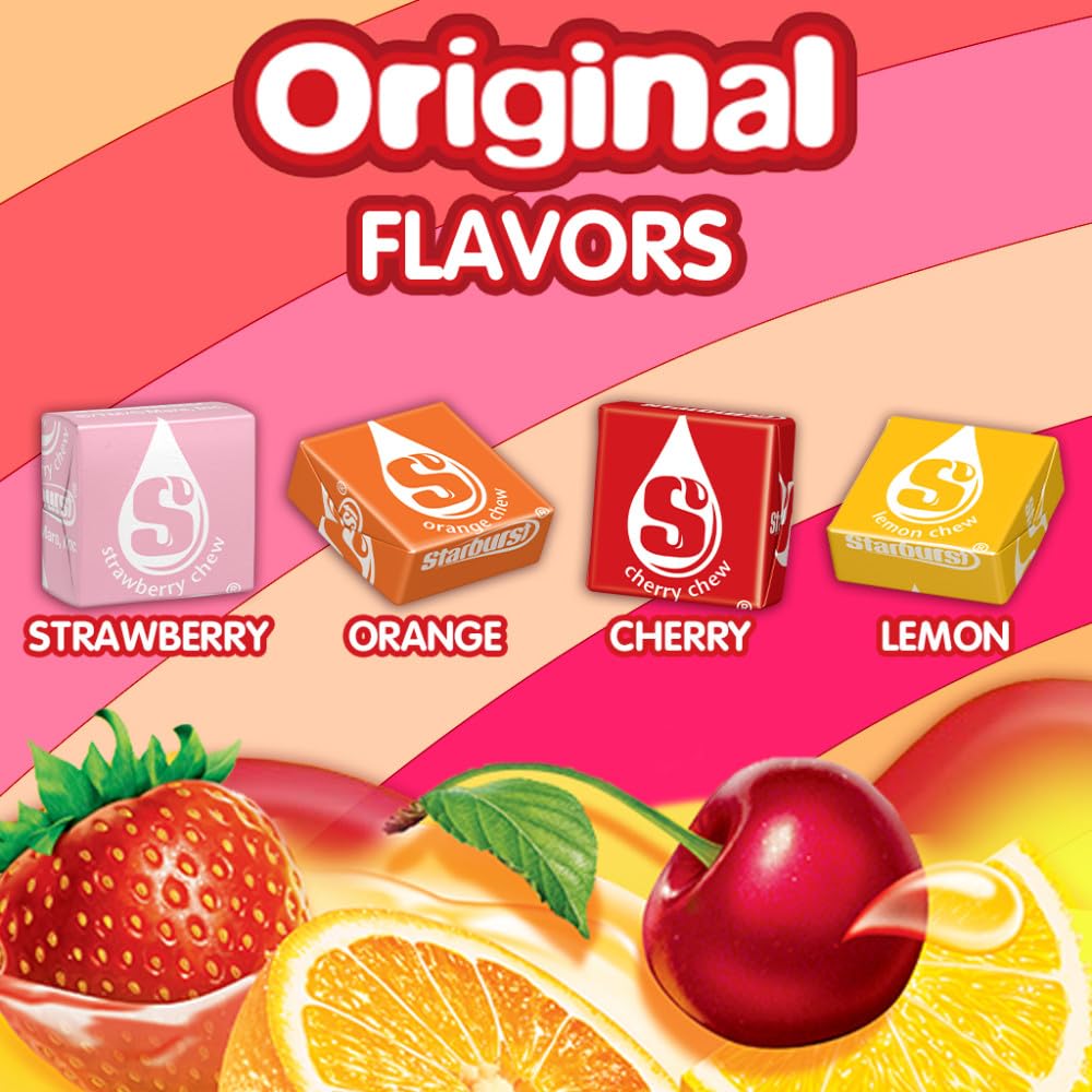 STARBURST Original Full Size Fruit Chews Chewy Candy Bulk 36 Packs, 2.07 oz | Soft fruit chews in full size packs, great for birthdays, desserts, road trips and pantry snacking, lunch box, bulk candy