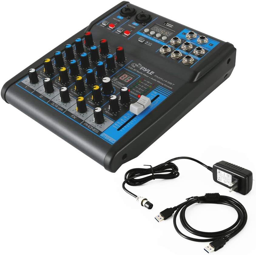 Pyle 4 Channel Audio Mixer with Bluetooth - DJ Sound Board Controller - USB Computer Input - Built-in MP3 Player - 48V Phantom Power - 3 Band EQ