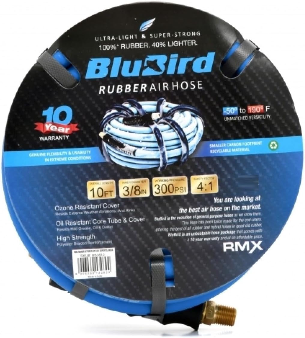 BLUBIRD BB3850 3/8" x 50' Rubber Air Hose, 100% Rubber, Lightest, Strongest, Most Flexible, 300 PSI, 50F to 190F Degrees, Ozone Resistant, High Strength Polyester Braided | High-Performance Pneumatic Hose for Automotive Construction & Industrial, Durable…