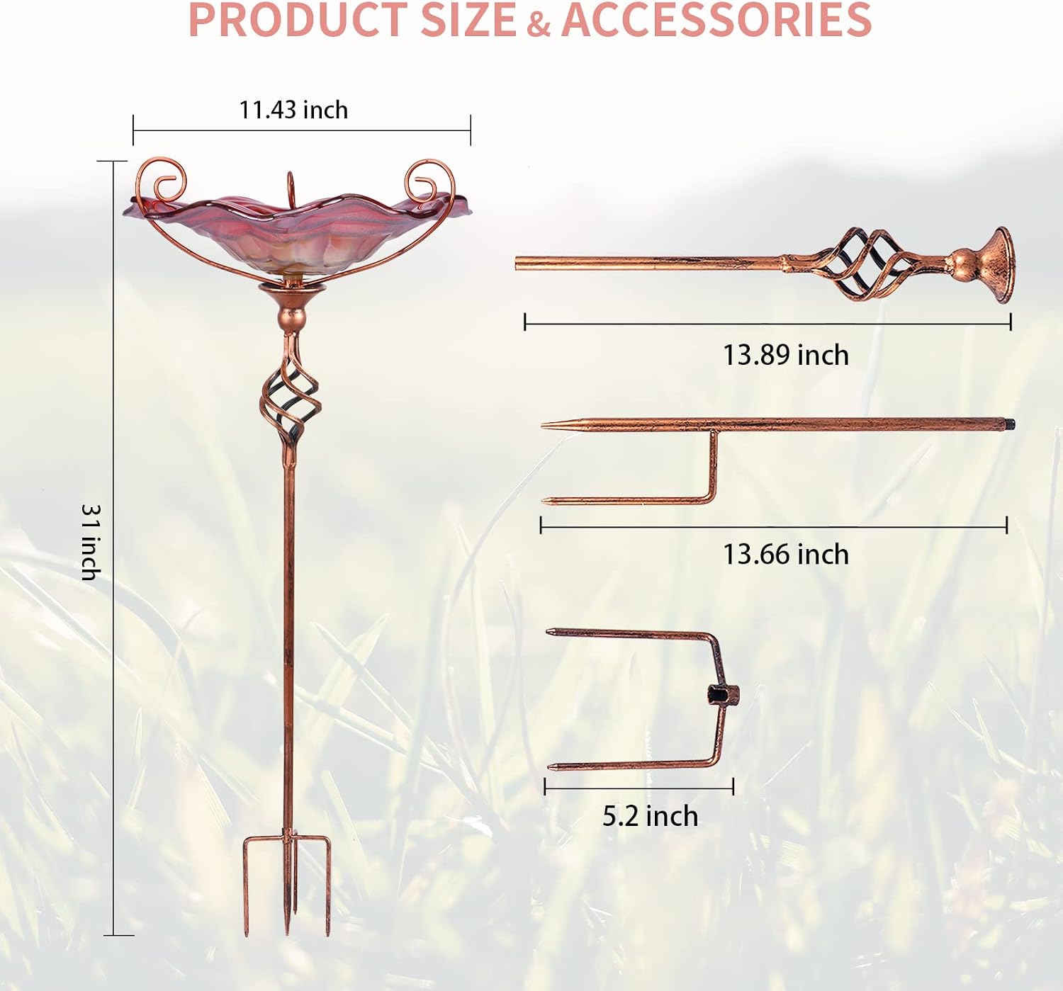 VCUTEKA Glass Bird Bath Outdoor Birdfeeder with Metal Stake Garden Decor