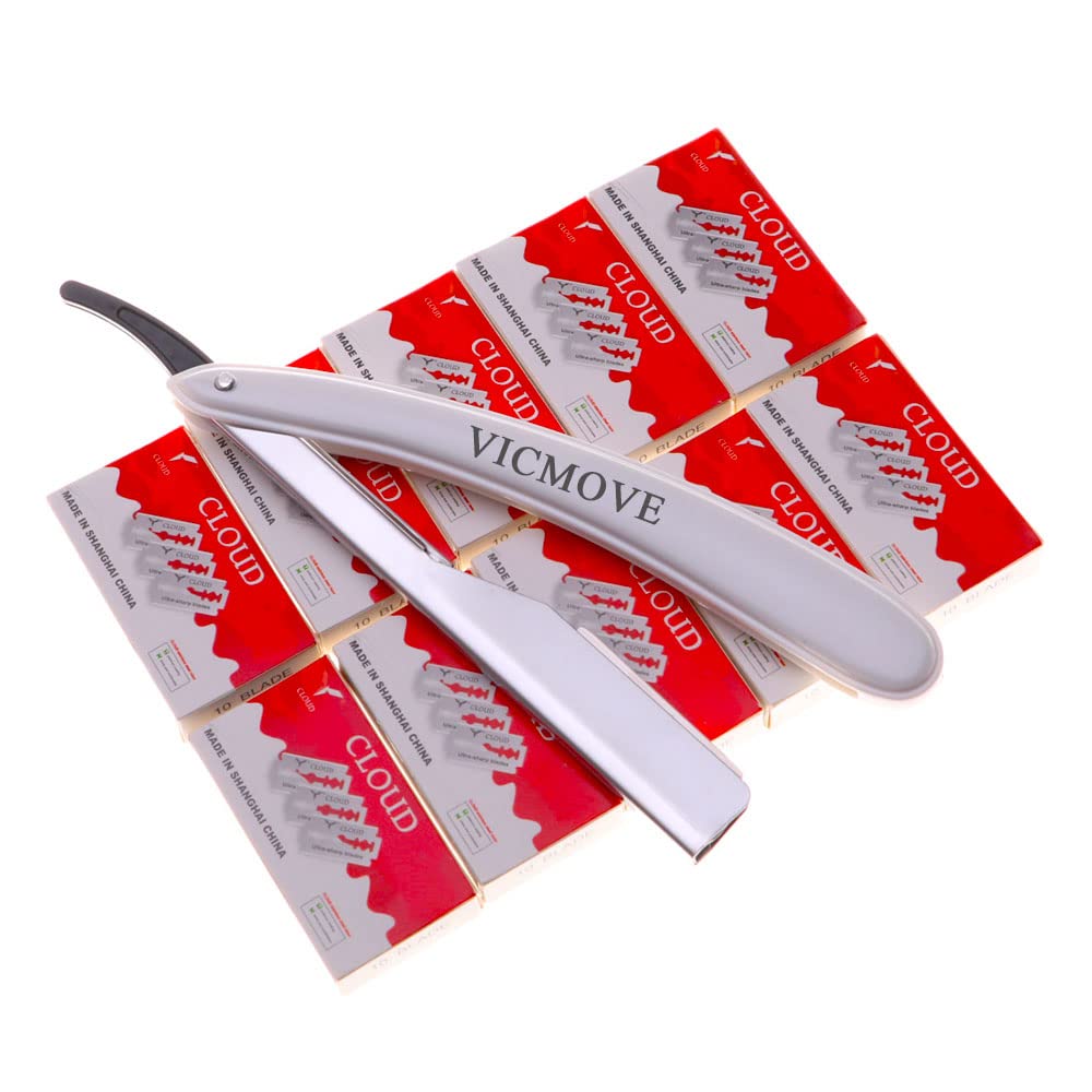 Professional Barber Straight Edge Razor Safety with 20-Pack Derby Blades - 100 Percent Stainless Steel - by VICMOVE (1 razor + 20 blades)