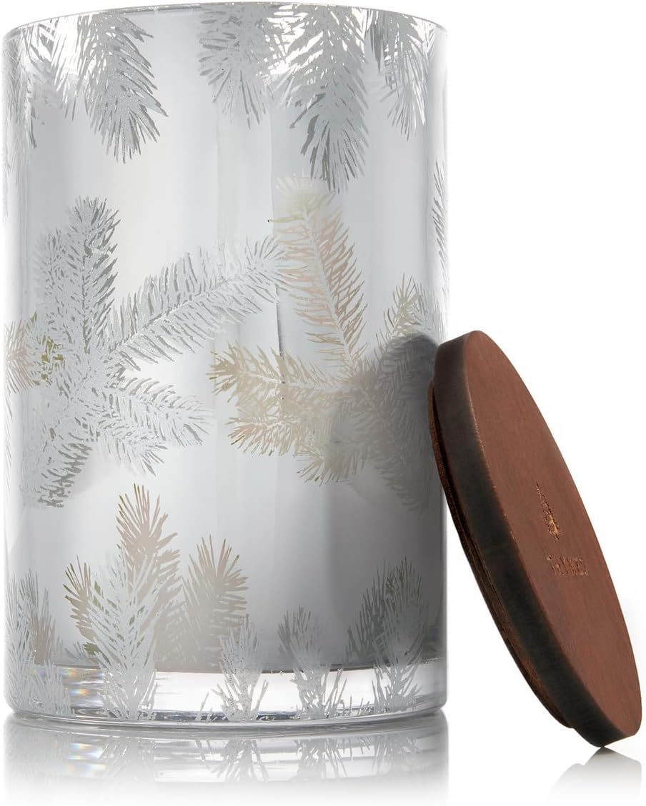 Thymes Frasier Fir Candles - Statement Collection - Silver with Pine Needle Design - Scented Candles for Home Decor - Notes of Siberian Fir Needles, Cedarwood & Sandalwood - Large 4 Wick (40 oz)