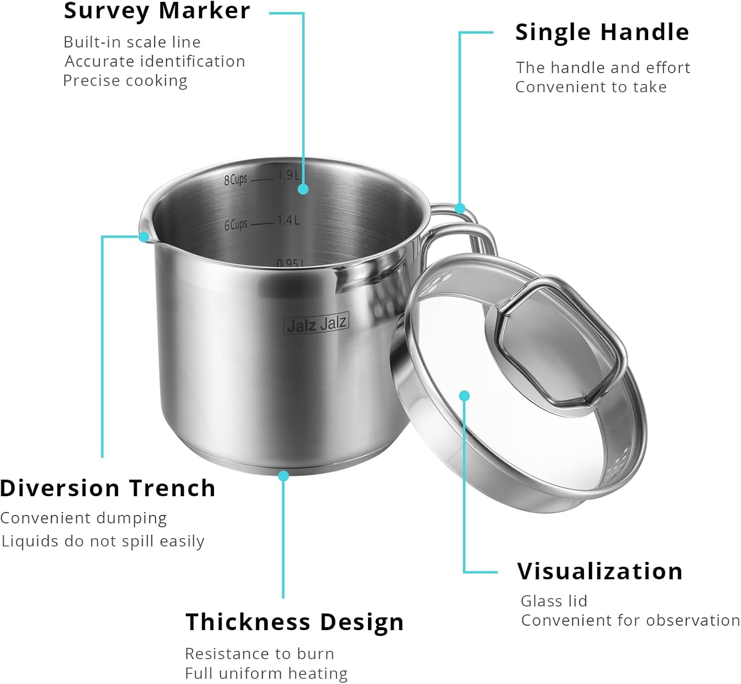 JALZ JALZ 2 Qt Stainless Steel Saucepan with Glass Lid for Induction, Boiling Egg