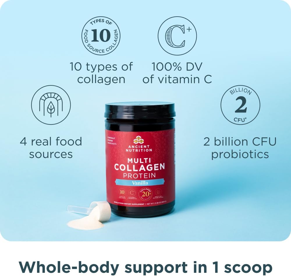 Ancient Nutrition Multi Collagen Protein Powder, 5 Types of Food Sourced Collagen, Providing Types I, II, III, V, and X, 16.2 Ounce