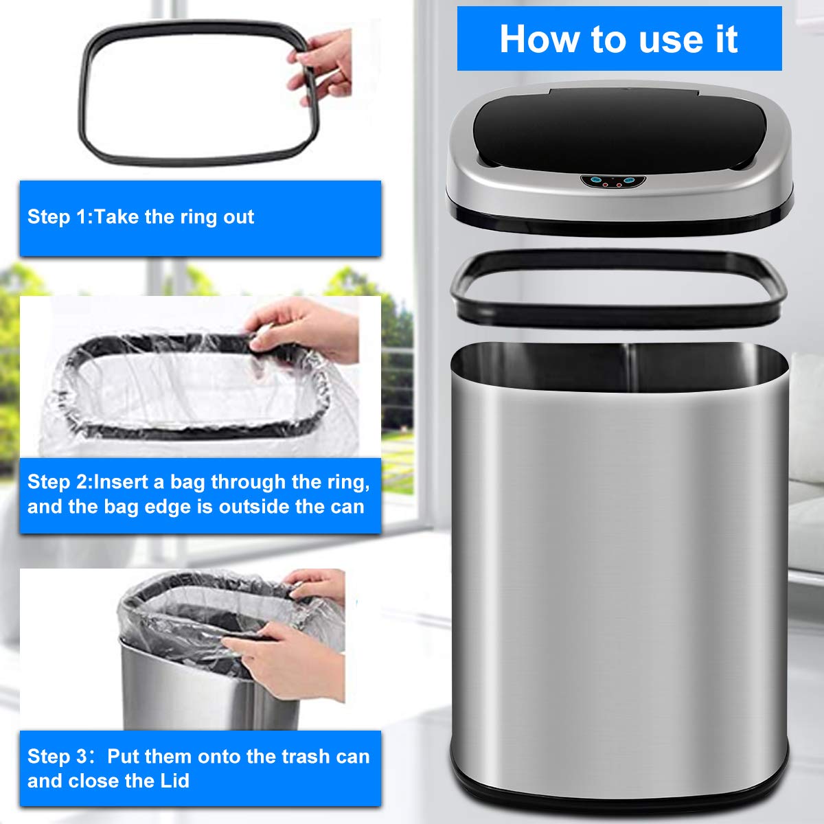 Dkeli 13 Gallon Automatic Motion Sensor Trash Can, Stainless Steel Touchless Kitchen Trash Can with Lid, 50L High-Capacity Office Bathroom Bedroom Garbage Bin