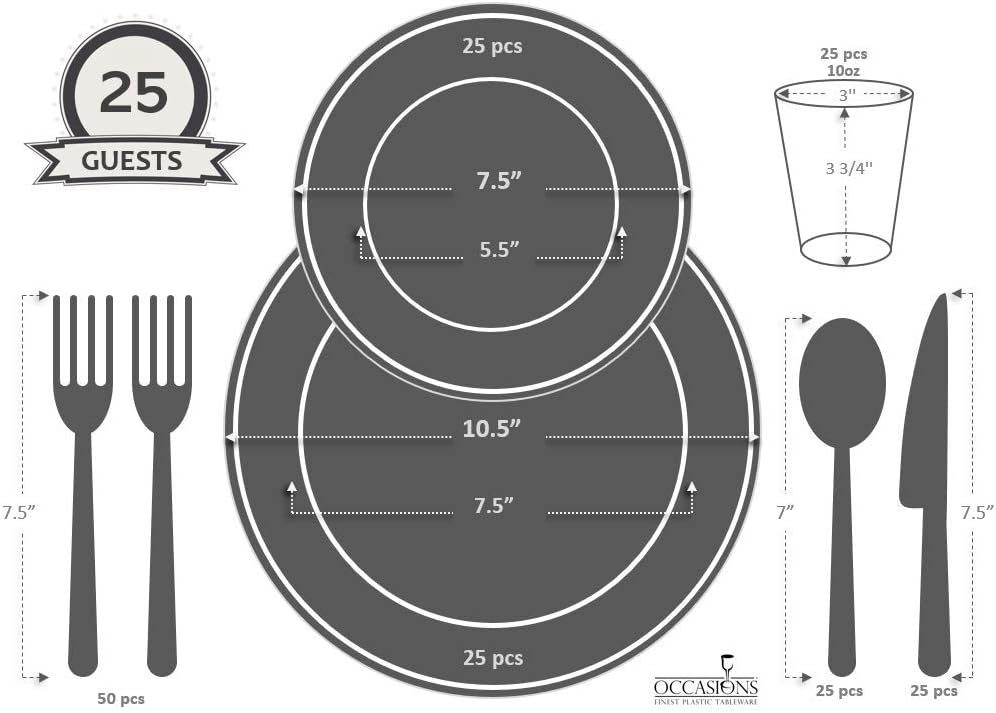 OCCASIONS 50 Ivory Disposable Plastic Plates for 25 Guests (Plain Ivory) | Heavy Duty Fancy Wedding Party Dinner & Salad/Dessert Set, 25x10.5" + 25x7.5", China-Like Look, BPA Free & Recyclable
