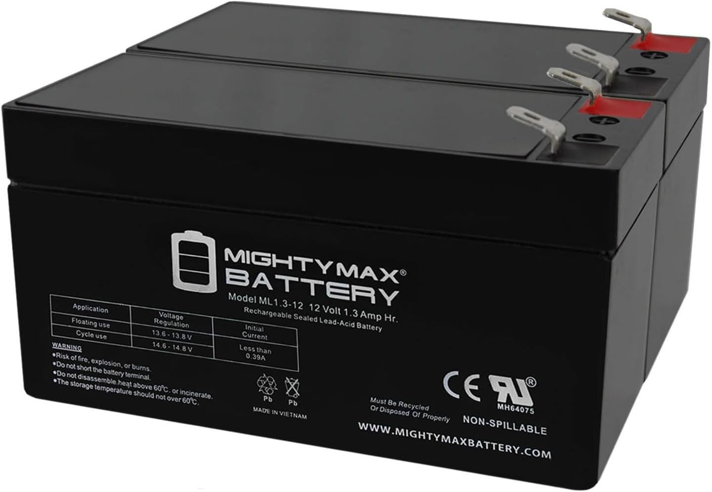 Mighty Max Battery ML1.3-12 - 12 Volt 1.3 AH, F1 Terminal, Rechargeable SLA AGM Battery