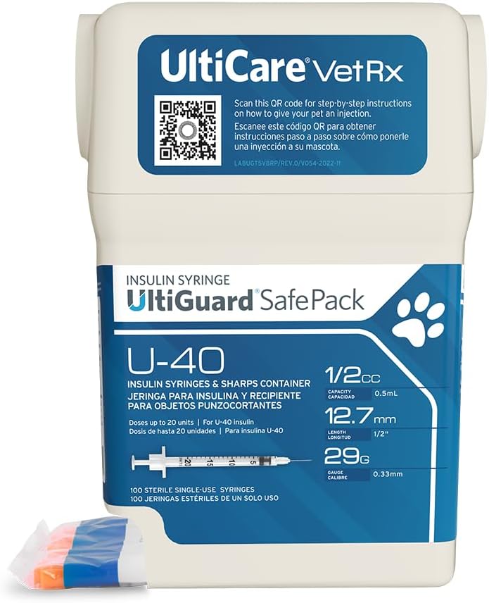 UltiCare VetRx U-40 UltiGuard Safe Pack Pet Insulin Syringes 1/2cc, 29G x 1/2", 100 ct