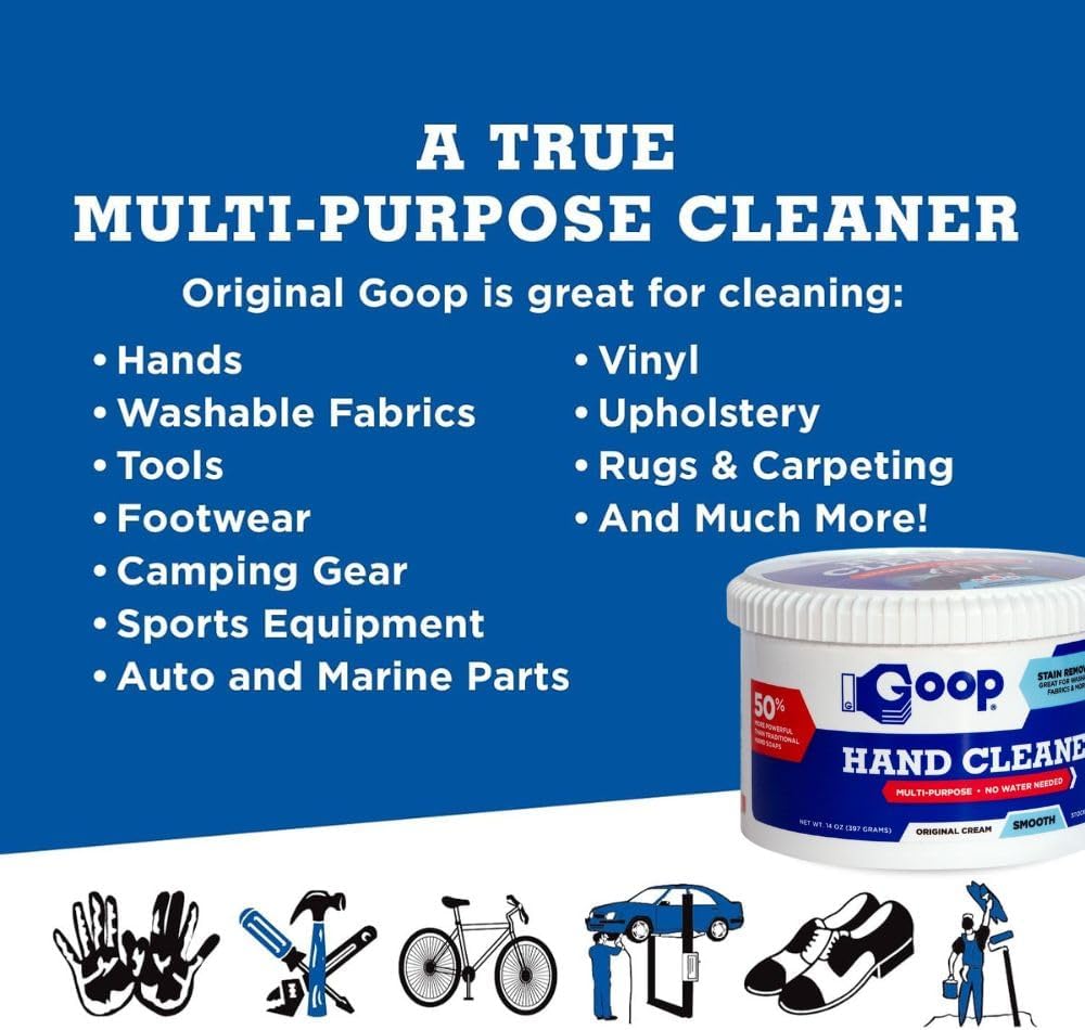 GOOP Multi-Purpose Hand Cleaner- Waterless Hand Degreaser, Laundry Stain Remover - NonToxic and Biodegradable Cleaner Remove Dirt, Oil, Paint, Ink, and Clothes Stains Original, 14oz Pack of 1