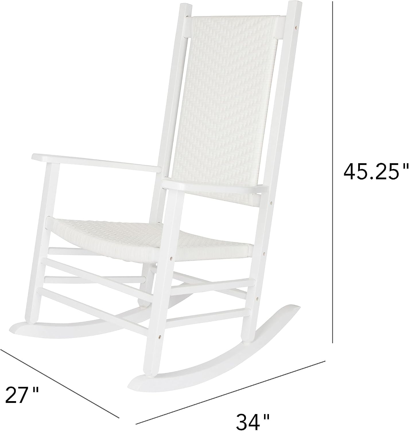 Shine Company Hampton Porch Rocker, High Back Wood Rocking Chair, Rattan Backrest & Seat, White