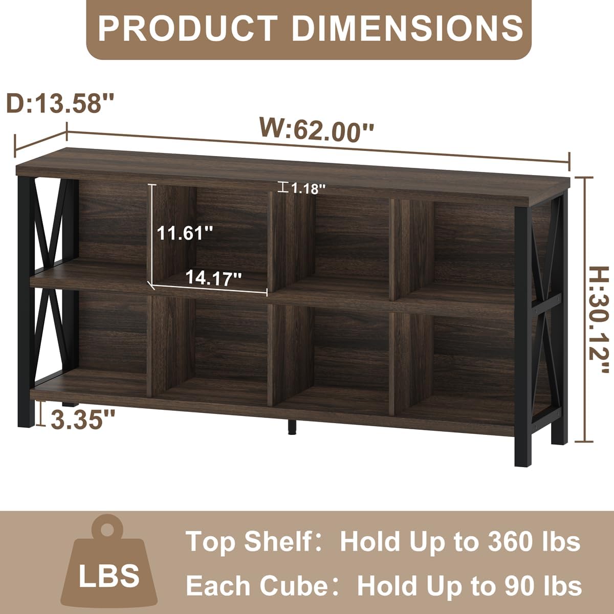 FATORRI 8 Cube Storage Organizer Bookshelf, 62 Inch Wood Horizontal Bookcase, Farmhouse Cube Long Book Shelf