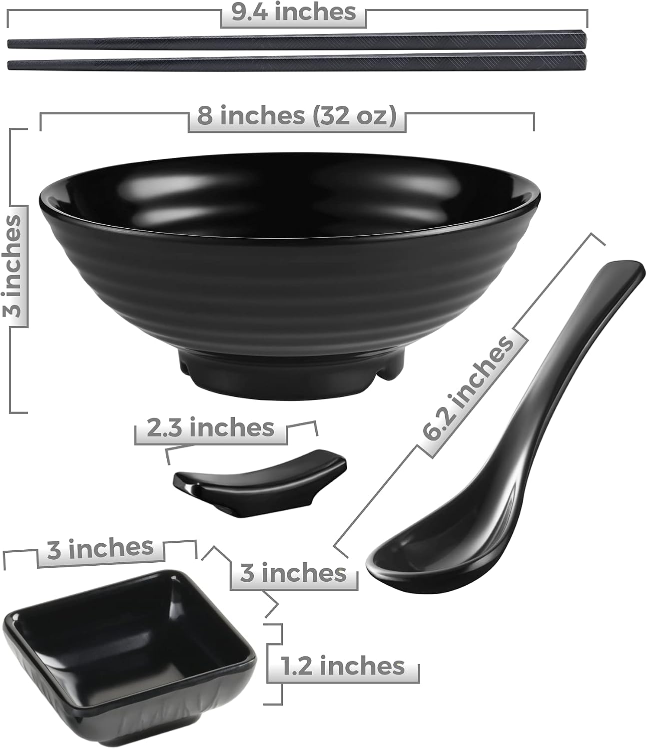 Unbreakable Ramen Bowl Set with Chopsticks and Spoon: 2 large Japanese Style Melamine Ramen Bowls