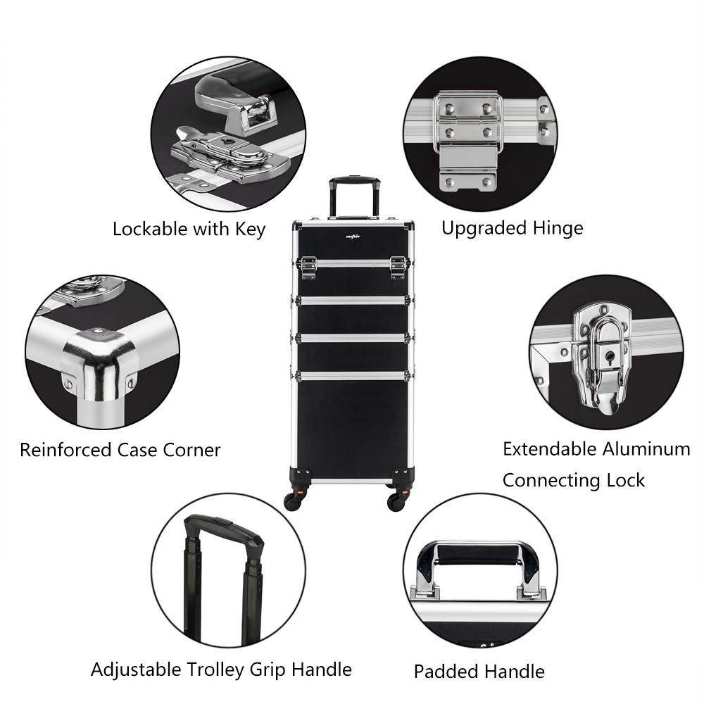mefeir 4 in 1 Rolling Makeup Train Case, Aluminum Makeup Travel Organizer Cosmetic Case, Cosmetology Display Suitcase on Wheels, Beauty Storage Luggage Lockable w/4 Removable Wheels (Black)