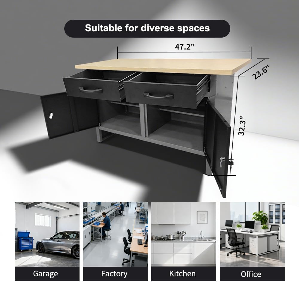Storage Workbench System Set with Lockable Cabinet, Includes Metal Wall Cabinets Pegboards & Hooks, Wood Worktop for Garage Office Repair Shop