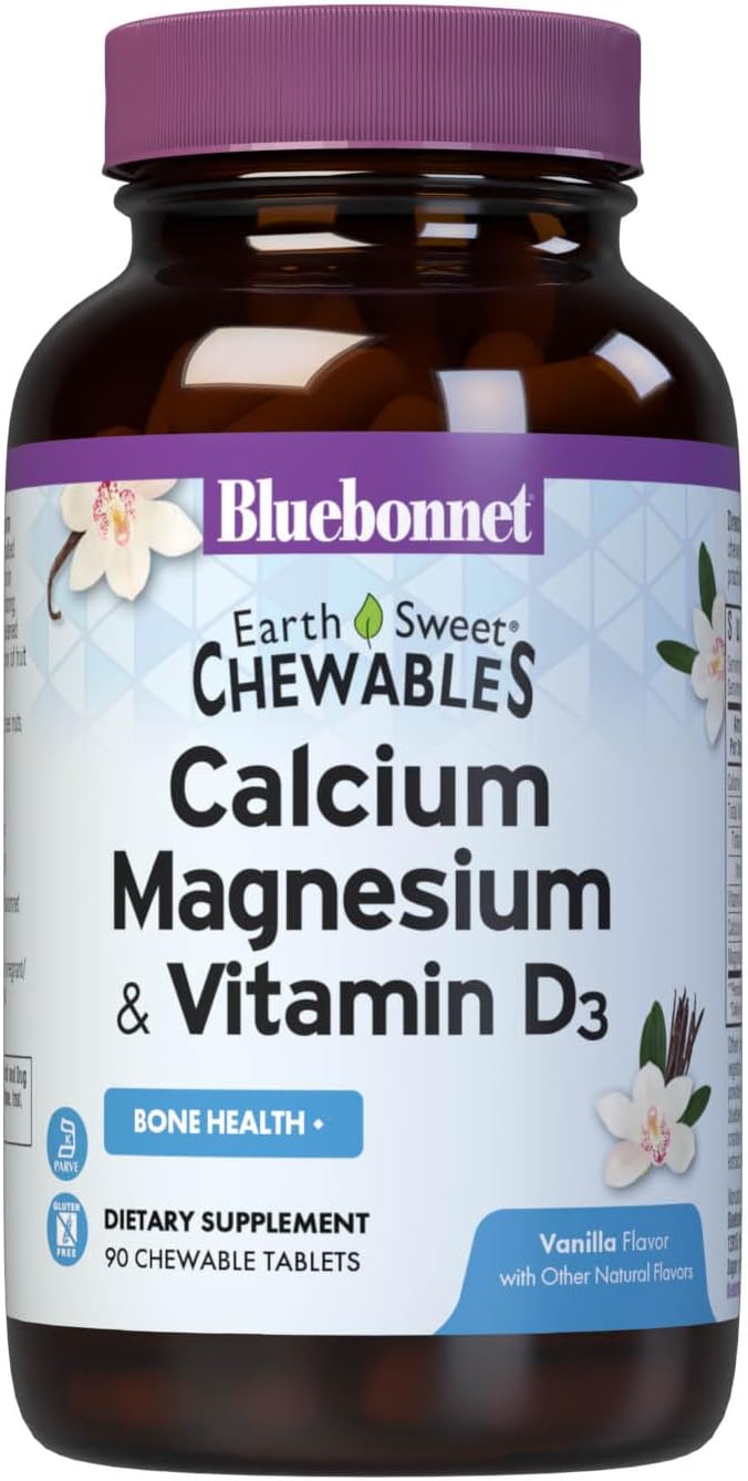 Bluebonnet Nutrition Calcium Magnesium Plus Vitamin D3 Earthsweet, Bone Health & Muscle Relaxation, Soy-Free, Gluten-Free, Kosher Certified, Dairy-Free, 90 Vanilla Flavored Chewable Tablets | Bone Health; Kosher Certified, Gluten-Free, Soy-Free, Dairy-Fr…