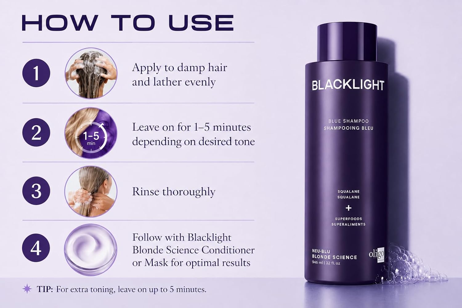 OLIGO PROFESSIONNEL - Blacklight Blue Shampoo - Sulfate-Free Blue Shampoo for Blonde and Color Hair - Revive Treated Hair - Refreshes Faded Highlights - 11 Amino Acids and Moisturizing Formula - 8.5oz