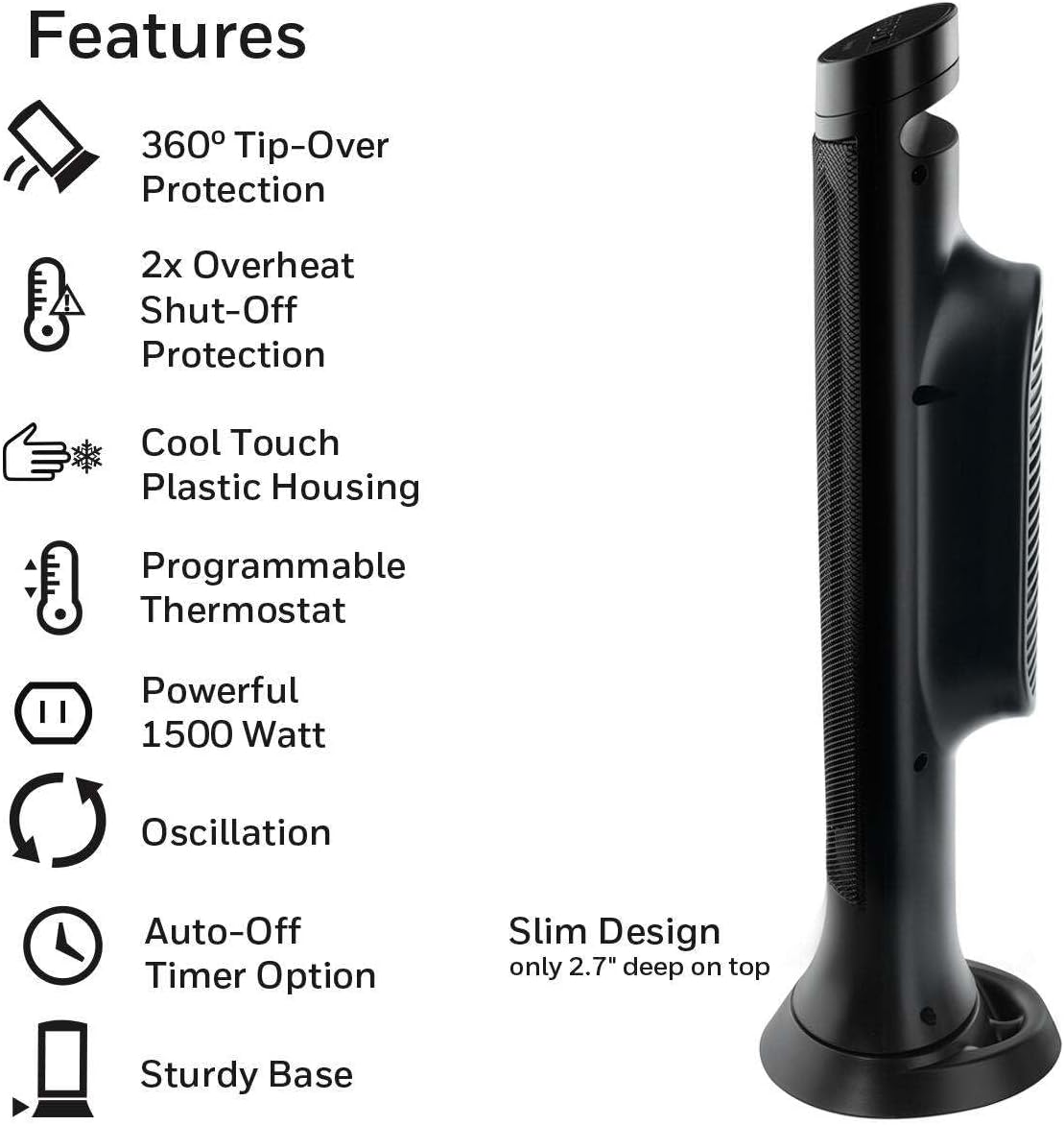 Honeywell Slim Ceramic Tower Heater, Small Room, Black – Easy to Use – Slim Space Heater with Two Heat Settings | Easy to Use – Slim Space Heater with Two Heat Settings