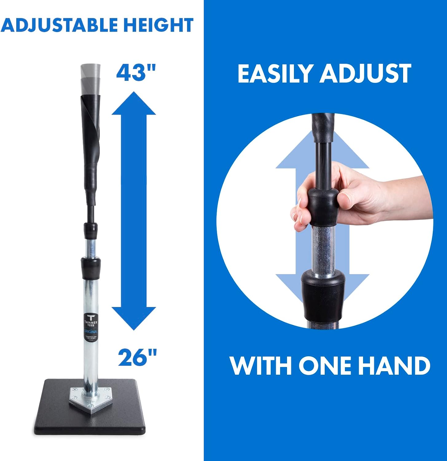 Tanner Tee The Original Batting Tee – Adjustable Pro Hitting Tee for Baseball & Softball, Steel Shaft, Composite Base, Hand-Rolled Rubber Top